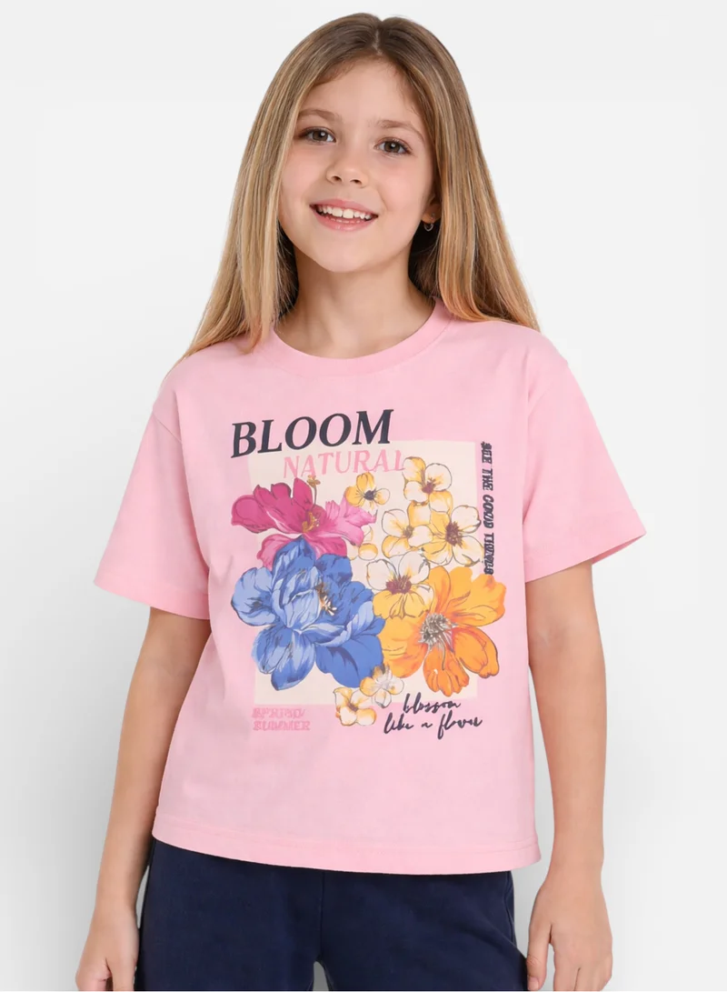 Victor And Jane  Girls Floral Print T-Shirt & Pants Set – Pink & Navy for Women | Best Price UAE